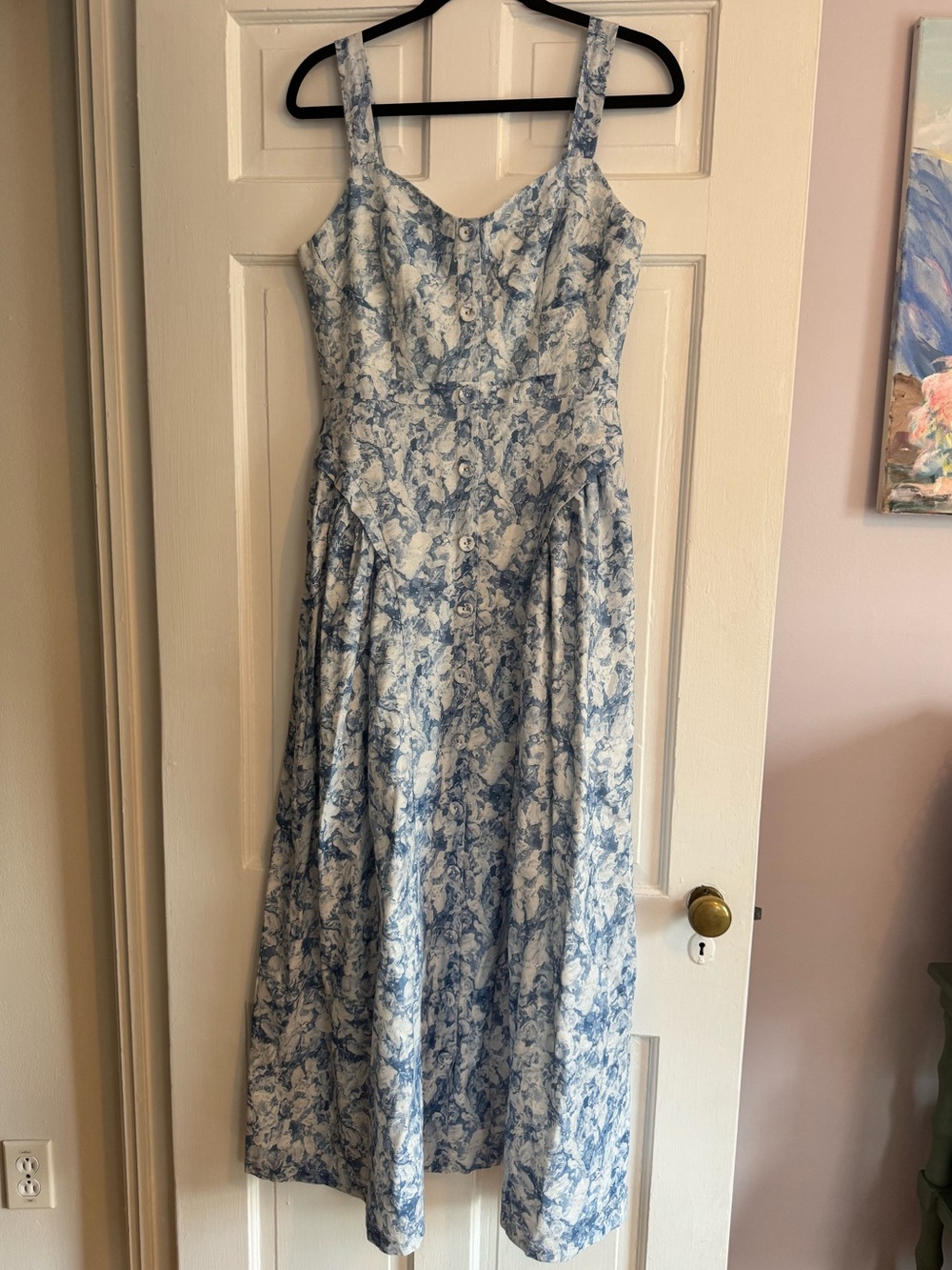 Hyacinth House by Tuckernuck Blue Abstract Floral Rosemary Sweetheart Midi Dress